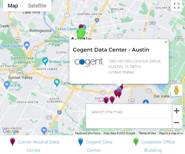 Map of Cogent Lit facilities in greater Austin